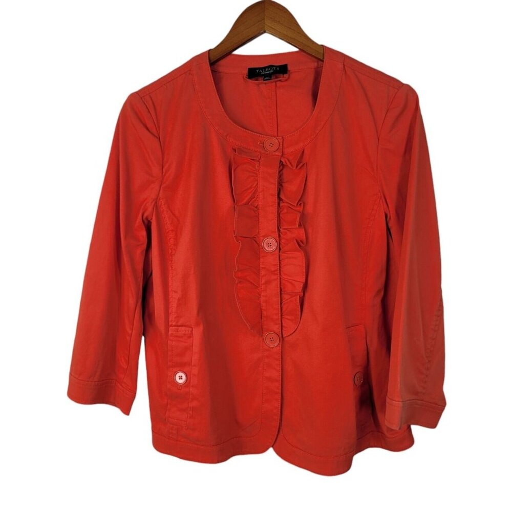 NEW Talbots Ruffle Front Jacket 12 career business Pink 3/4 Sleeve Red Orange - Picture 2 of 9